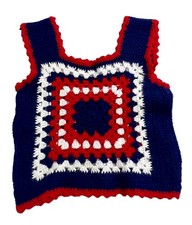 Vintage Handmade Crocheted Granny Square Vest Red White And Blue, Retro 60s-70s