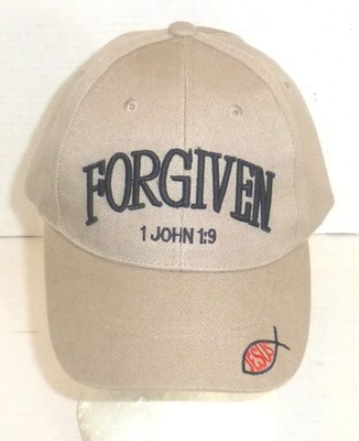 Forgiven 1 John 1:9 Hook & Loop Adjustable Embroidered Hat Beige PLEASE READ