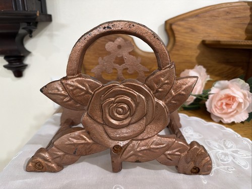 VTG Cast Iron Wall Mount Garden Hose Holder Rose Floral Heavy Copper MCM Cottage