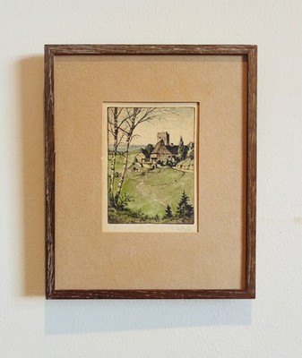 Vintage signierte österreichische Farbradierung Schloss Landschaft gekälkt Eiche Rahmen 50er Jahre