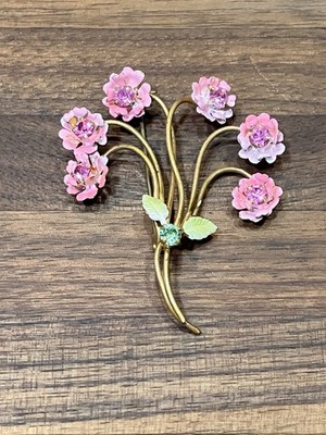 VTG Austrian Pink Floral Bouquet Brooch With Enamel Rhinestones Gold Toned Metal