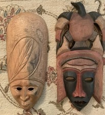 2 Vintage Black Brown Wooden Kenya Africa + Jamaica Wall Hang Masks Hand Carved