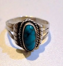Older Navajo Handmade Sterling Turquoise Ring Deep Blue-Green Split Shank Sz 5