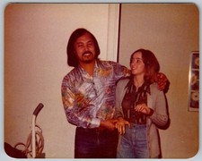 Vtg Color Snapshot Smiling Couple Man Patterned Shirt Woman Cardigan 1976