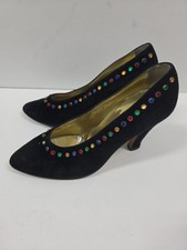 Vintage Escada 8 B Suede Heels Black Multi Color Gem Embellishment