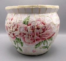 Handmade Mosaic Garden Planter Pot Pink Peony Floral Decoupage Terracotta Art