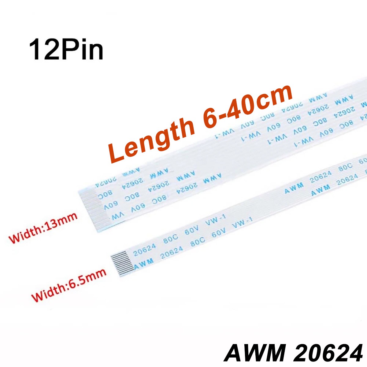 12Pin FFC/FPC Flexible Flat Cable Ribbon 0.5/1.0mm Pitch AWM 20624 Length 6-40CM