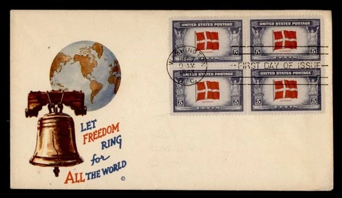 DR WHO 1943 FDC OVERRUN NATIONS DENMARK BLOCK WWII PATRIOTIC M80748