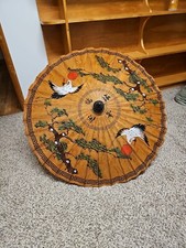 Vintage Handmade Japanese Bamboo Paper Umbrella / Parasol Hand Painted Crane