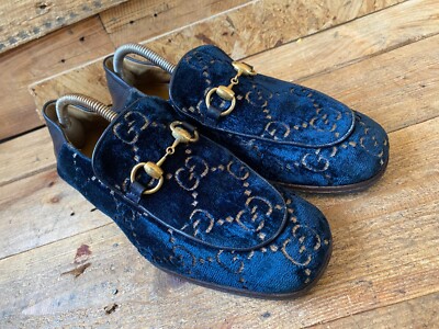 GUCCI jordan horsebit monogram gg print velvet blue loafers  display picture 1