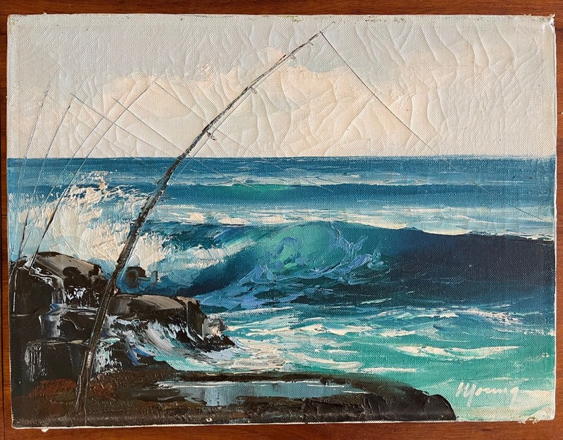 Wally Young artist, oil painting canvas, Halona, Hawaii, surf fishing, beachboy