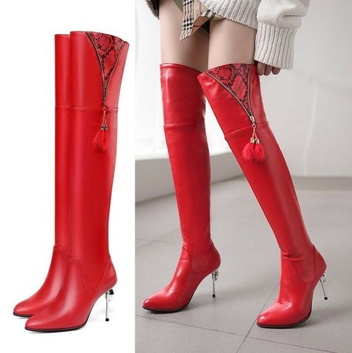 Sexy Para mujeres a la Rodilla Muslo Tacón Alto Puntera Puntiaguda Rojo  boda nupcial Botas | eBay