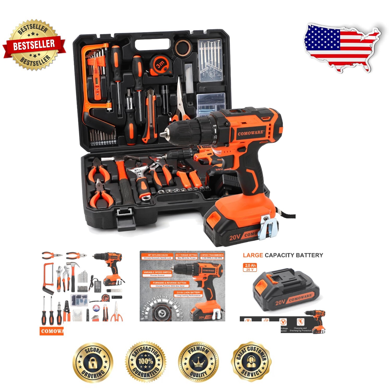 Comprehensive 120-Piece Tool Kit with 20V Power Drill - Ultimate Home Repair Solution for DIY Projects and Maintenance Tasks