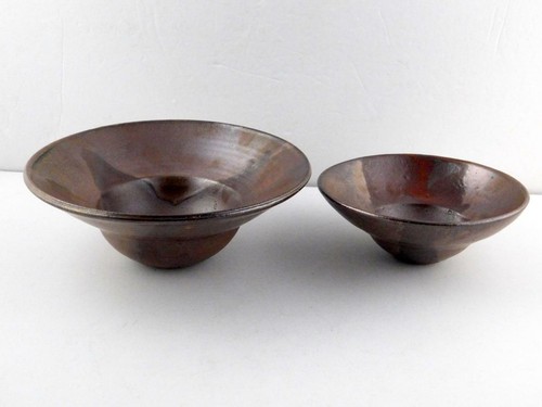 Lot of 2 Signed Art Pottery Rimmed Bowls Silver Glaze Brown Modern Artist