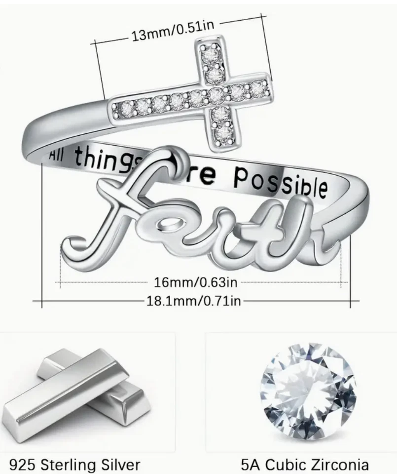 ✨ Always Blessed 925S Cruz "FE" con Circonita Cúbica Envoltura Anillo Ajustable ✨ Foto 4 de 4