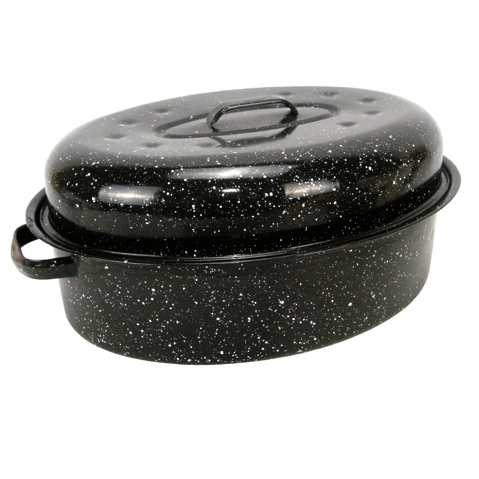 Enamelware 12 x 16 Black Speckled Turkey Ham Roasting Pan Roaster Lid Vintage GC