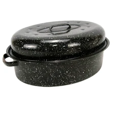 Enamelware 12 x 16 Black Speckled Turkey Ham Roasting Pan Roaster Lid Vintage GC
