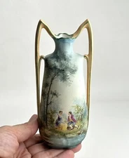 Antique Victorian Porcelain Hand Painted with Two Handled Vase 6.5” Landscape