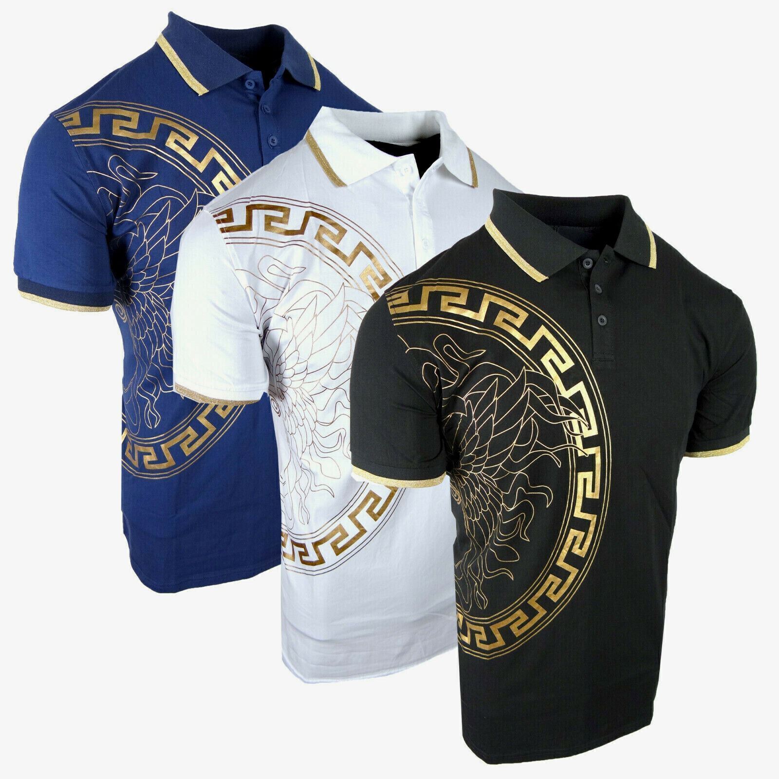 Mens Polo Shirt Gold Foil Italian Body Print Collar Trim Slim Fit Golf Stretch