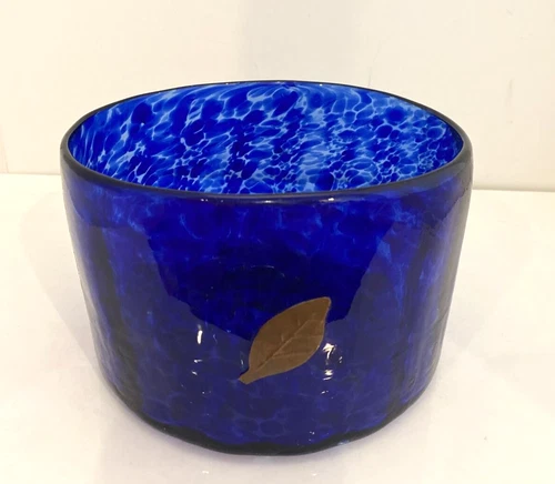 Cobalt Blue Hand Blown Art Glass Bowl Copper Leaf Accent 7" dia