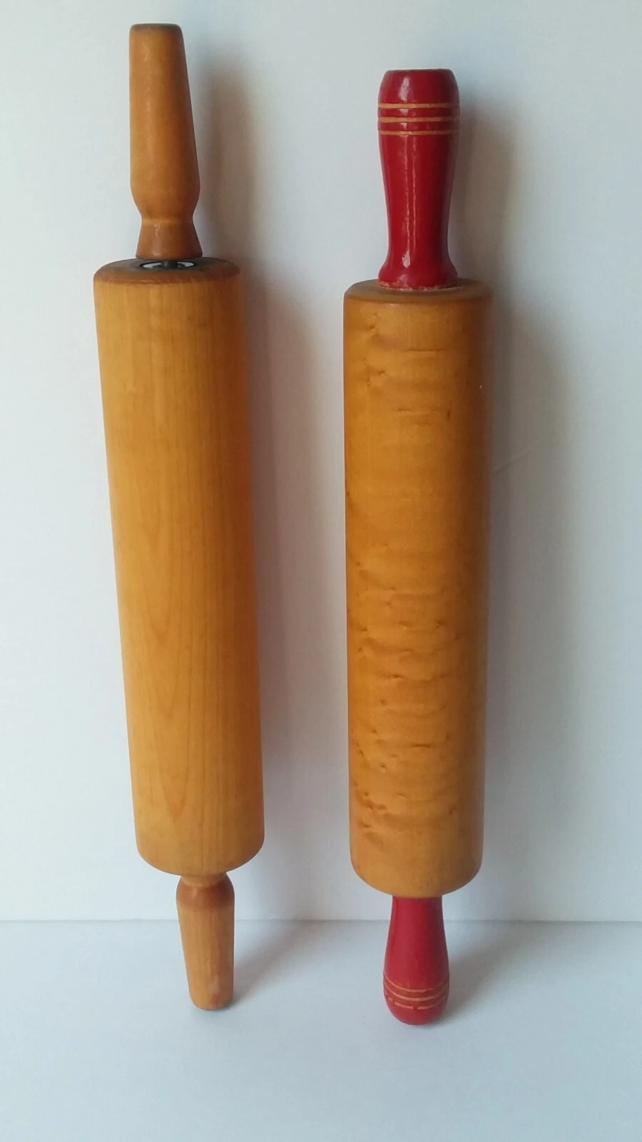 Vintage wooden rolling pins Baribo maid Birds Eye Maple & Red handle lot of 2