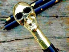 Walking Handle Stick Skull Cane Brass Wooden Head Vintage Antique Solid-Gift