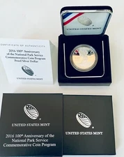 2016-P National Park Service Silver Proof $1 Coin 100th Anniversary,Case,OGP,COA