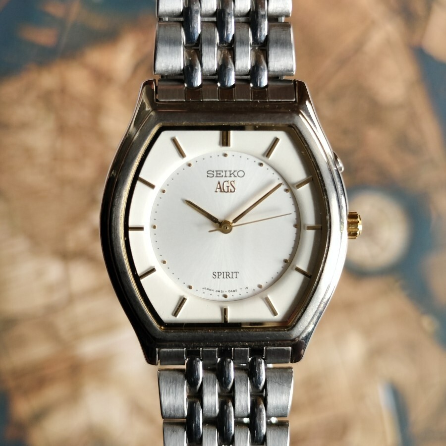 Rare Seiko Spirit AGS Tonneau Quartz 3M21 Silver Dial Vintage 