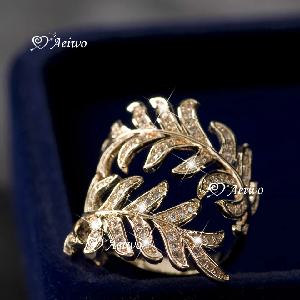 18K ROSE WHITE GOLD GF CLEAR CRYSTAL LEAVES WIDE RING US 5 UK AU J 1/2 Foto 2 de 4