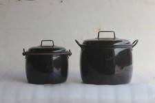 2 Pc Black Vintage Enamel Cooking Pot Kitchenware Home Decor Collectible