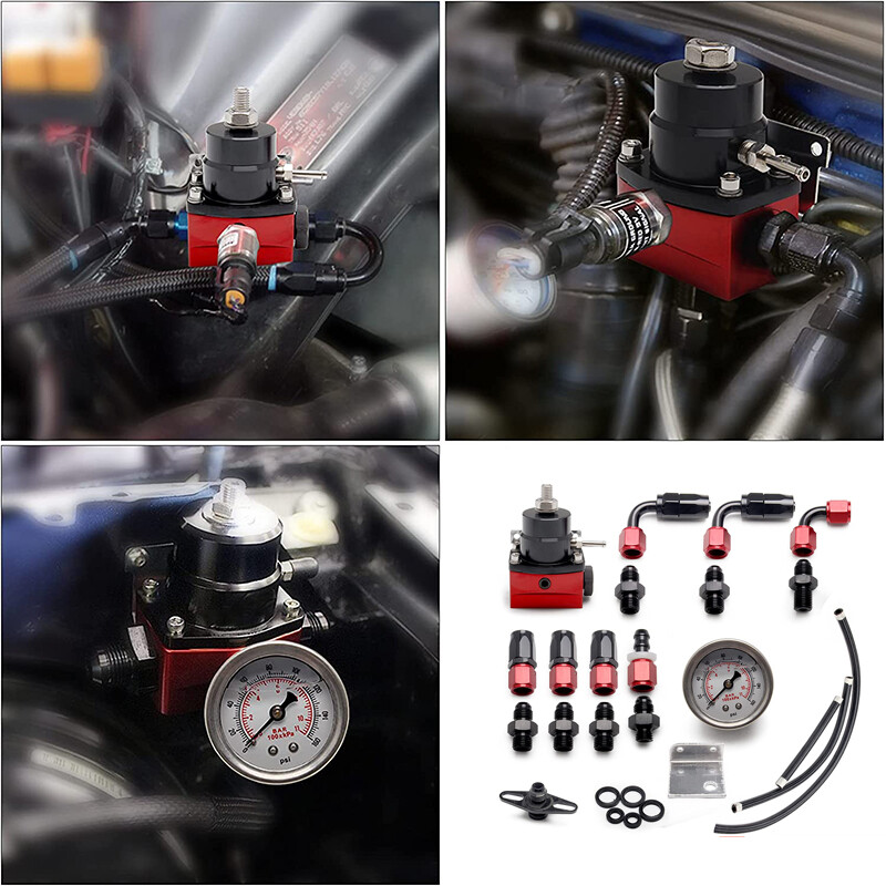 Black-Red Adjustable Fuel Pressure Regulator Kit Oil 0-100psi Gauge ...