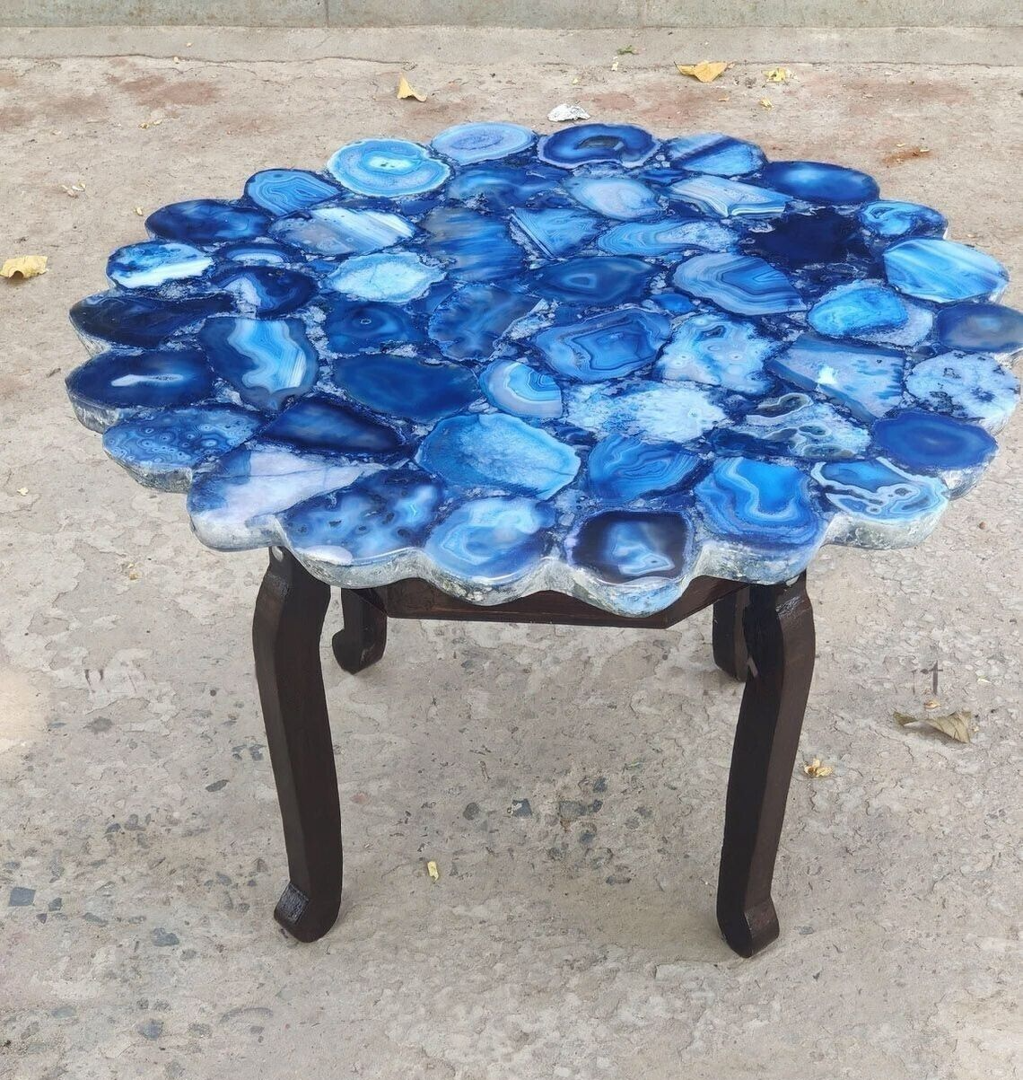 15x15 Blue Agate Table Top with Wooden Legs and Natural Raw Edges for Home Decor