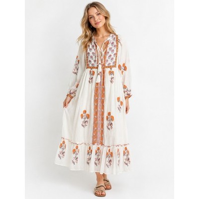 MABE Floral Cotton Midi Dress White Orange Boho Tassel Chic Cottagecore Medium