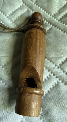 Vintage OAK Lathe Turned  Old Wood Whistle With Leather Strap Good Condition