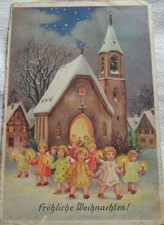 weihnacht karten alt  Engel kommen aus kirche