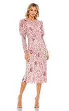Mac Duggal Rose Pink Beaded Floral Long Sleeve Cocktail Midi Dress 14 $498