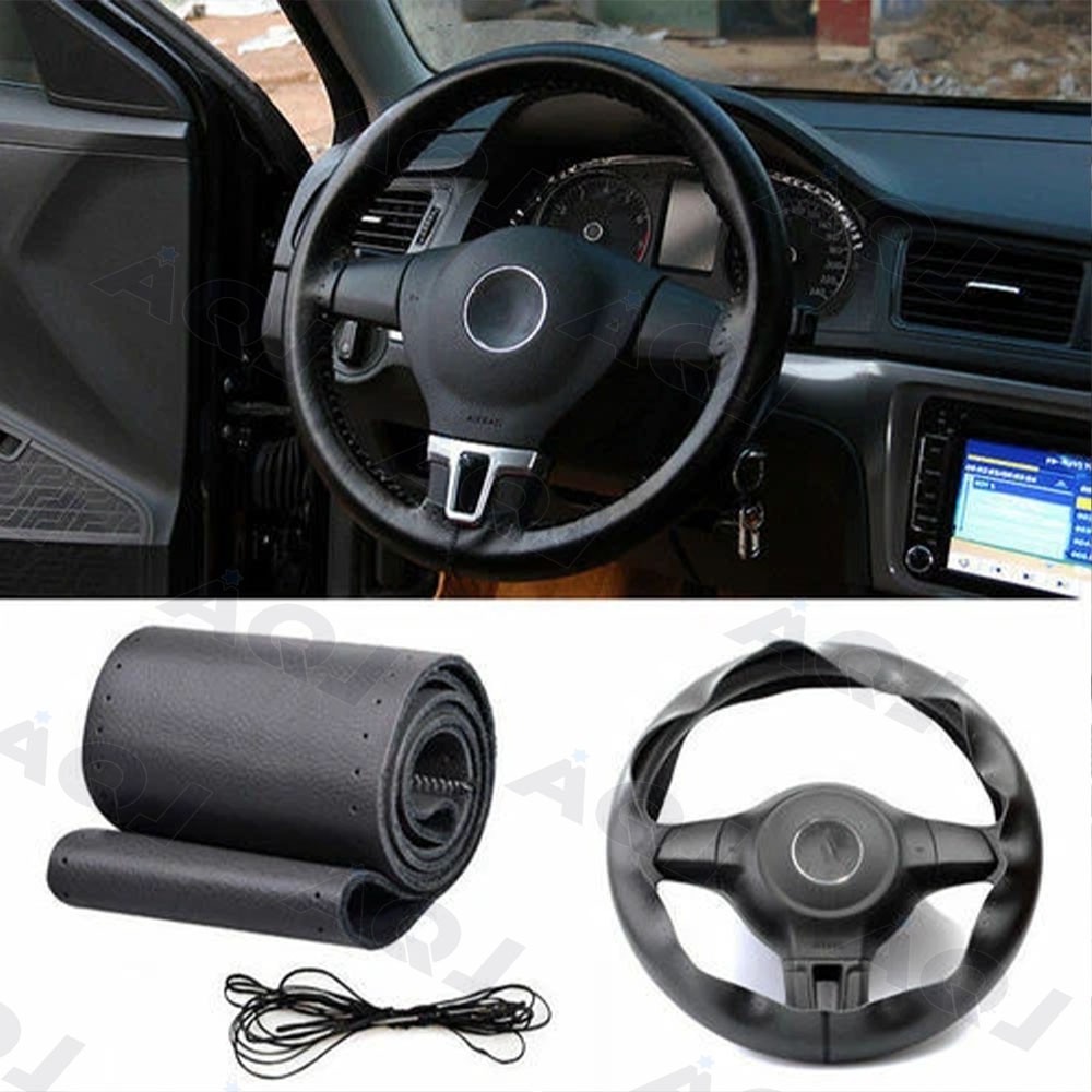 Genuine Leather DIY Car Steering Wheel Cover Anti-slip For 15"/38 cm Black US
