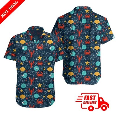 Mens Lobster Crab Nautical Hawaiian Shirt Short Sleeve Navy Blue Aloha Beach