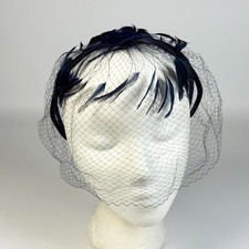 Vintage Navy Blue Velvet Fascinator Headband Birdcage Veil with Feathers