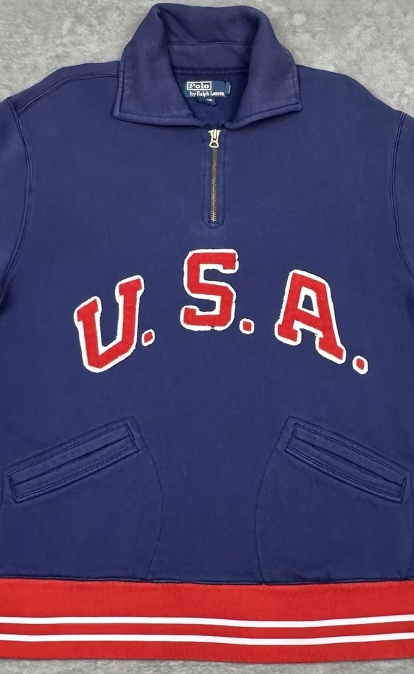 VTG Polo Ralph Lauren Sweatshirt Mens XL Blue Red White USA 22 1/4 Zip Pockets - Image 2 of 4