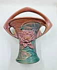 Vtg Roseville Pottery Water Lily Green Pink Handled MCM Basket Vase 380-8 8x7.5"