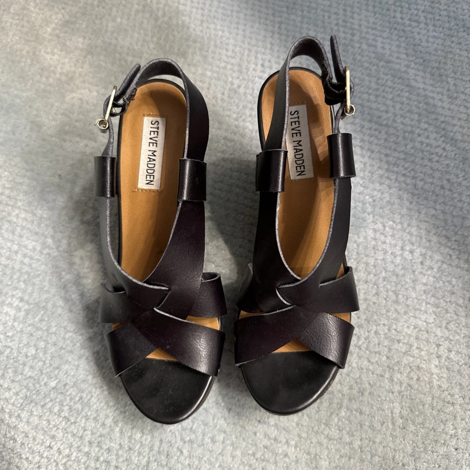 Steve Madden Piranna Cuero Negro Plataforma Cuñas Eslinga Trasera Mujer’s Talla 7.5 Foto 2 de 4