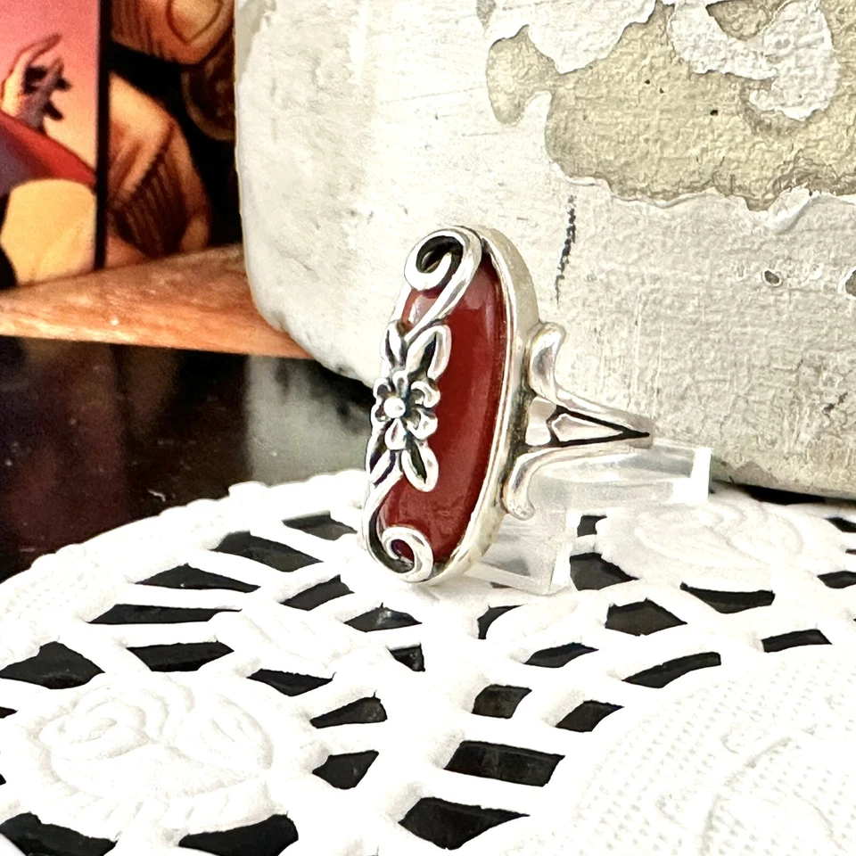 Anillo vintage estilo suroeste plata esterlina 925 Dakota West $ ámbar rojo cereza Foto 4 de 4