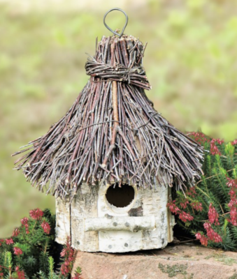 Deko Vogelhaus Birke Häuschen mit Reisigdach Hängedeko Garten Balkon 24 cm