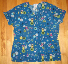 Scrubs Brand Blue Owl Pattern Nurses Scrub Top Size M