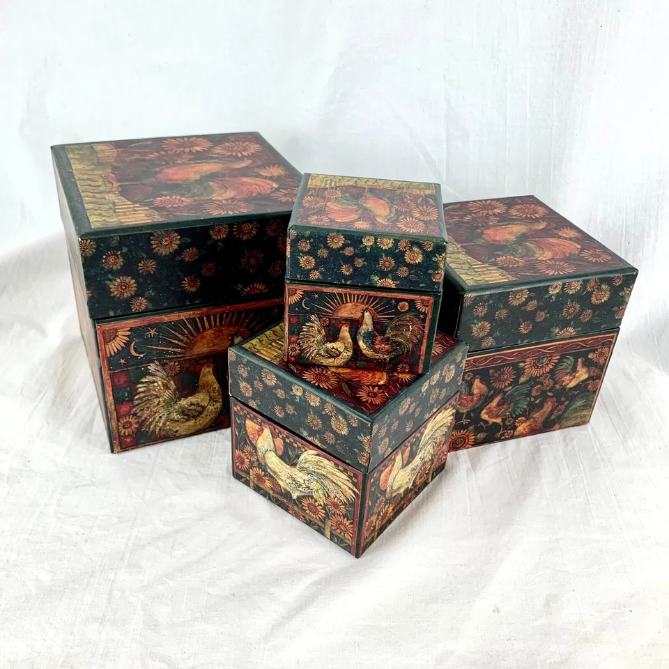 Vintage Bobs Boxes 4 Stacking Nesting Roosters Chickens Rise and Shine Excellent - Image 2 of 4
