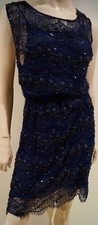 ALICE & OLIVIA Navy Blue Lace Sequin & Bead Embellished Sleeveless Evening Dress