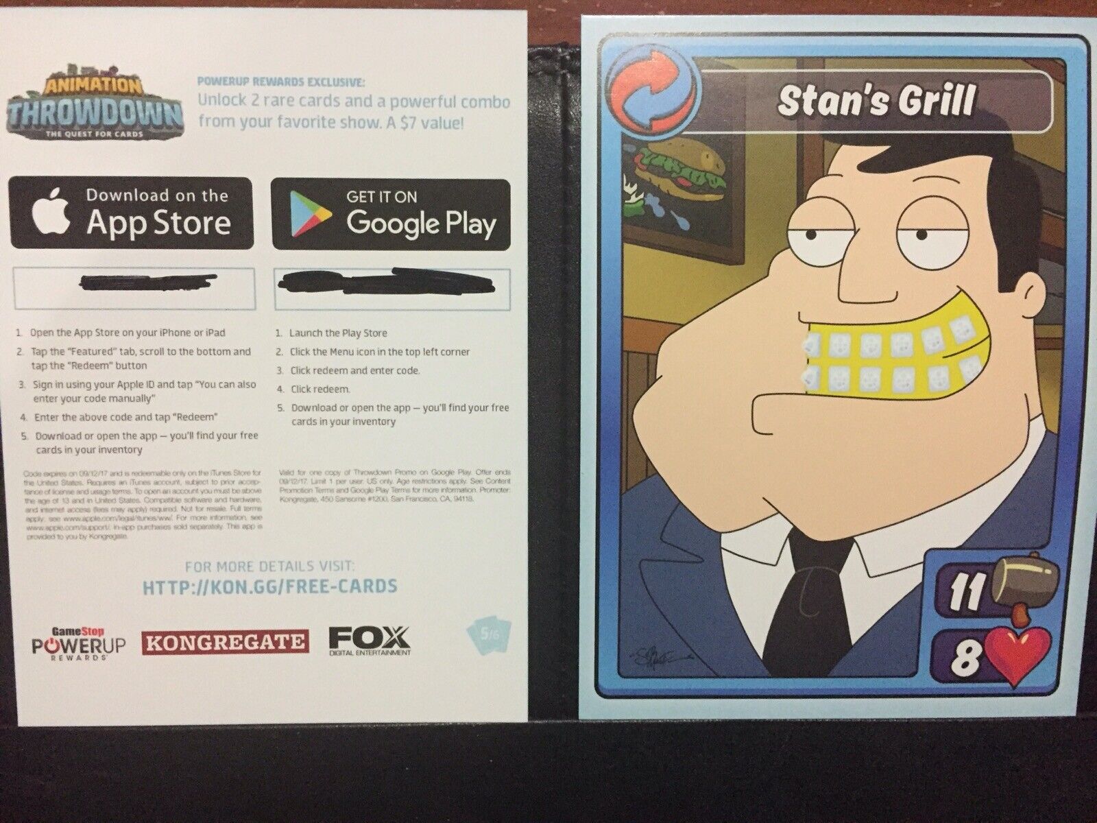 SDCC Fox Animation Throwdown Mobile Game American Dad! Stan Promo Card  W/Code | eBay
