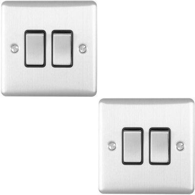 2er Pack 2 Gang Doppel Metall Lichtschalter SATIN STAHL 2-fach 10A schwarze Blende