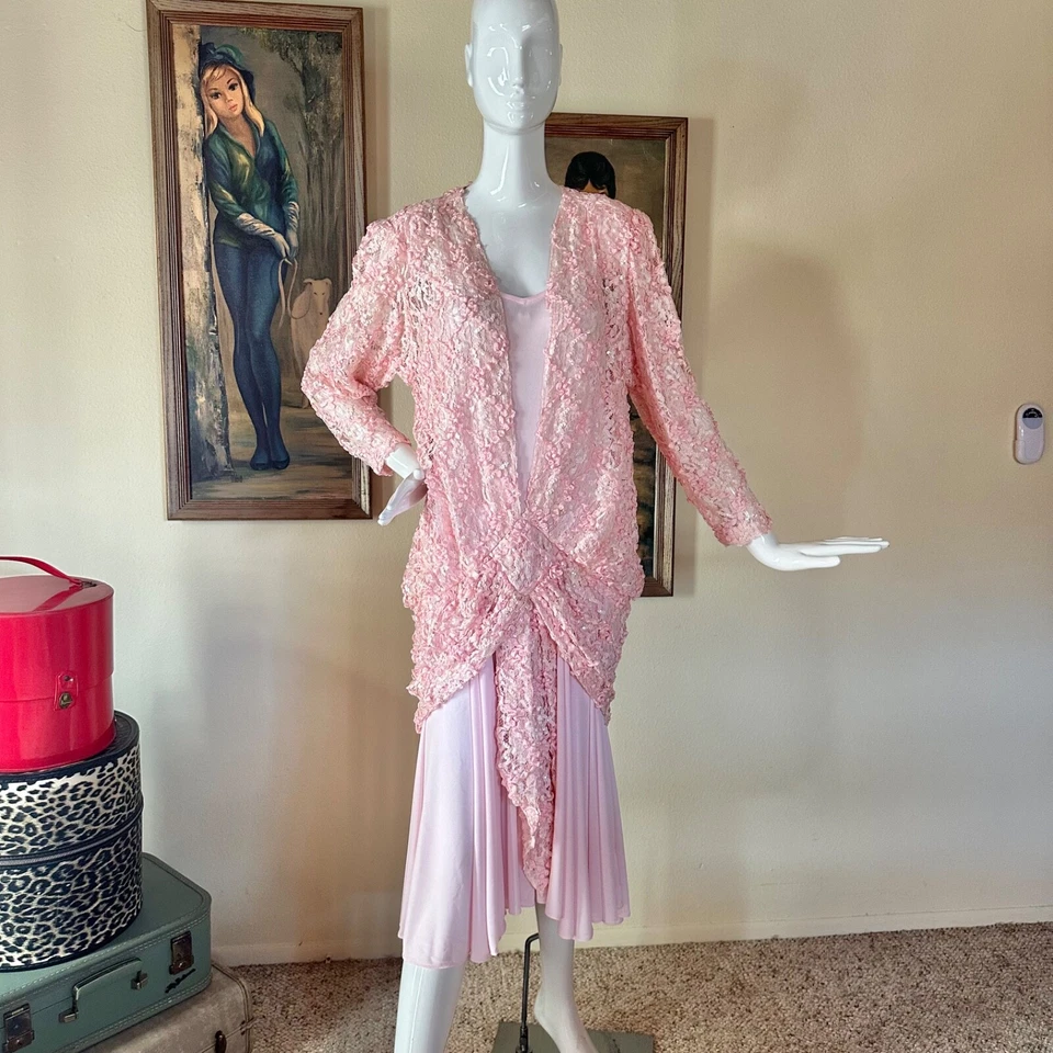 Vestido de fiesta vintage años 80 rosa drapeado encaje aleta dobladillo sirena coqueta M/L Foto 2 de 4